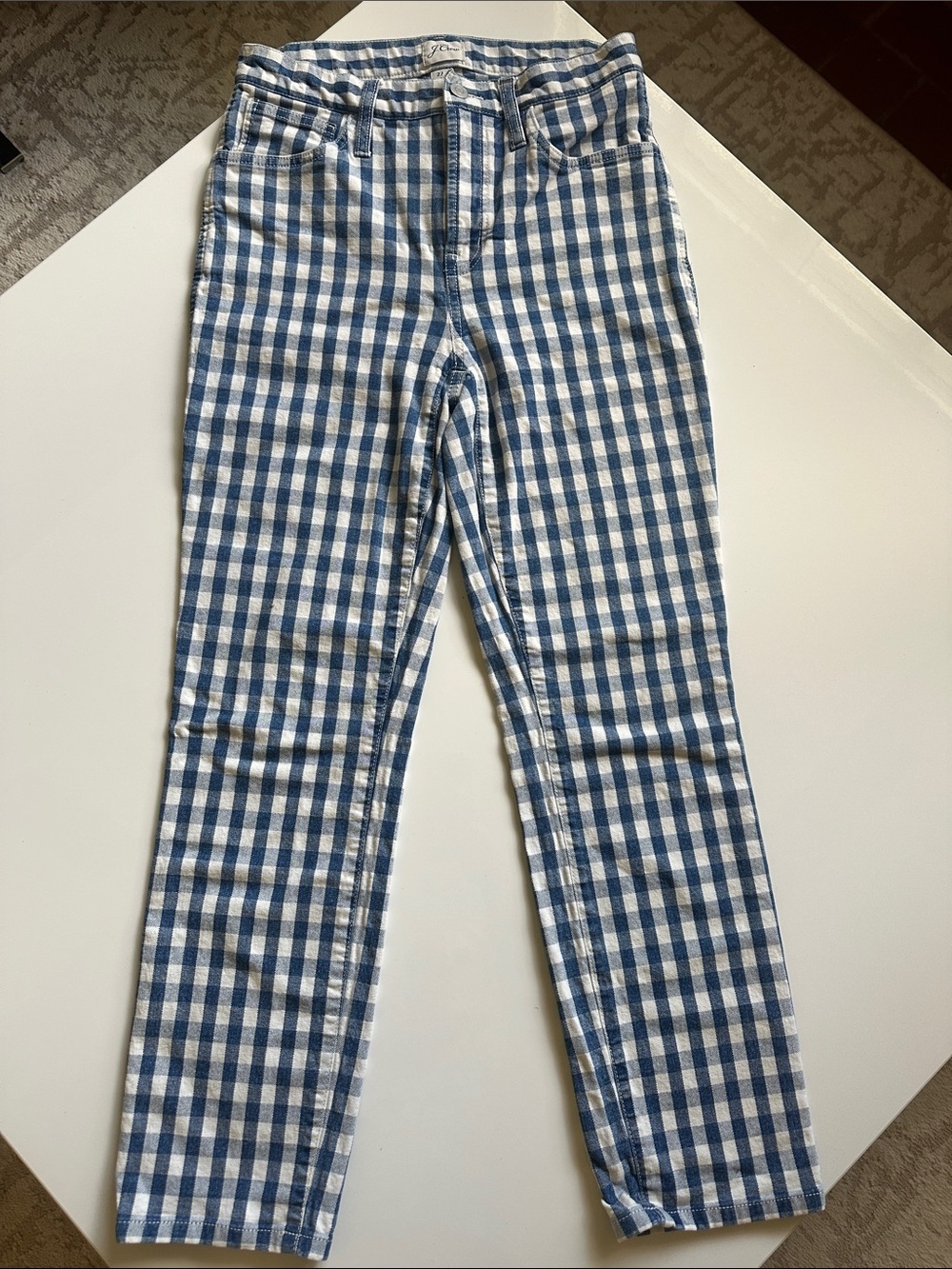 J. Crew Women’s Blue and White Gingham High Rise Jeans